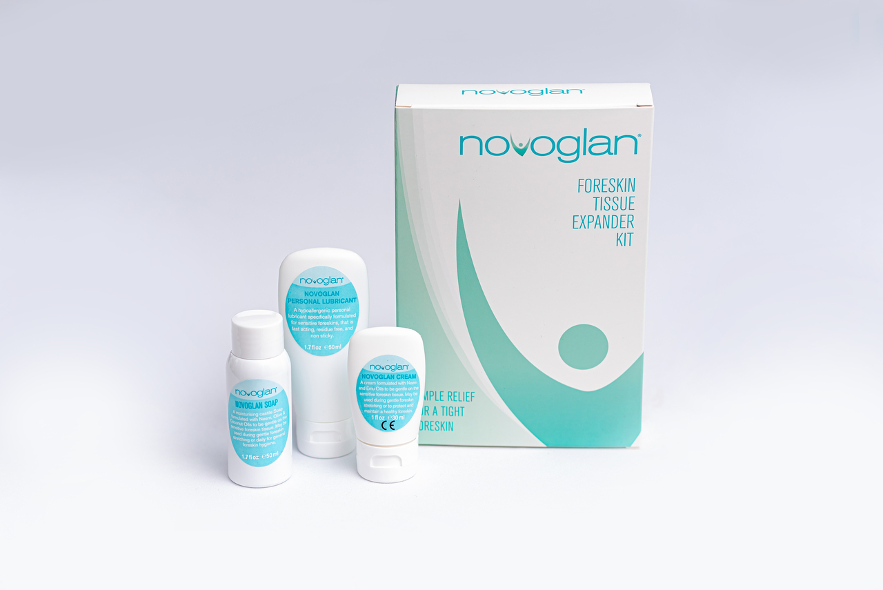 NOVOGLAN Complete Foreskin Care Kit is the ultimate solution to treat a tight foreskin and fix phimosis in the privacy of your own home. The Complete Care Kit contains the multi-award winning patented Gentle Foreskin Stretcher plus the scientifically formulated NOVOGLAN Cream, Soap and Personal Lubricant. All these products are designed to work together to reduce the inflammation of your foreskin and allow the skin to get maximal stretching for optimum results. Perfect treatment for adult phimosis and an ideal alternative to circumcision.